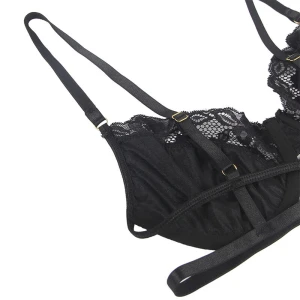 SUBBLIME - SET OF 3 PIECES BRA + THONG + LACE GARTER BLACK L/XL